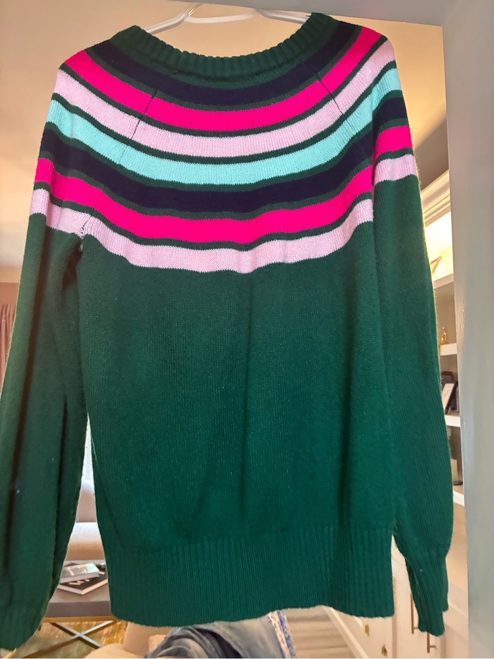 crown & ivy Dark Green Crewneck Sweater with Pink, Aqua & Navy Stripes